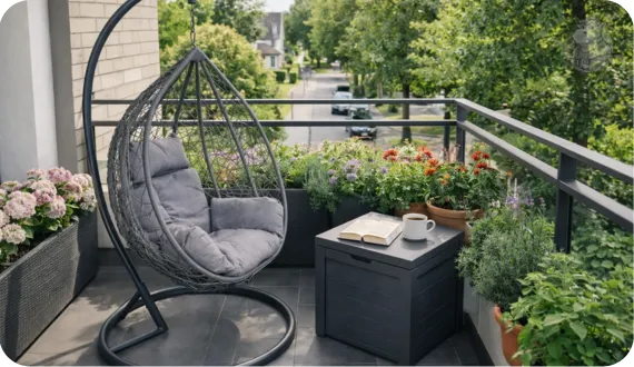 fotel wiszący HIPPER. COMO na nowoczesnym balkonie miejskim